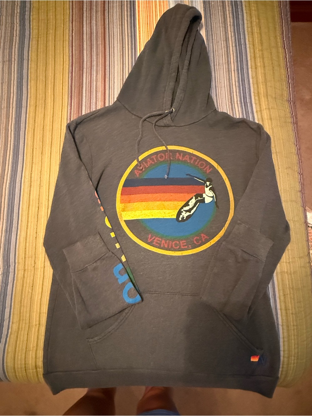 Aviator Nation Charcoal Hoodie with Rainbow Surf Circle Graphic